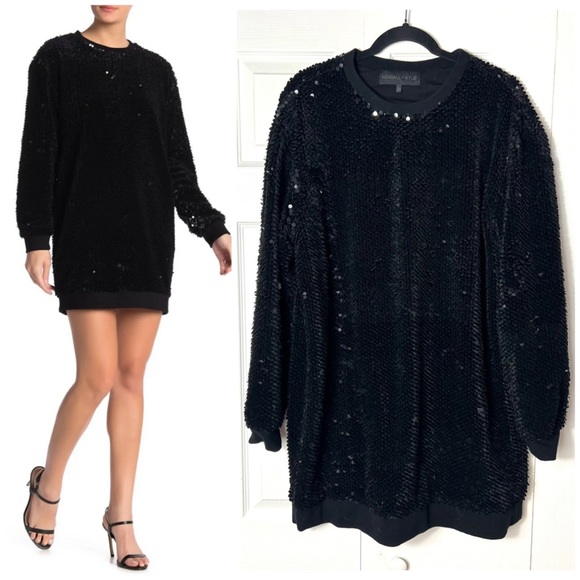 Kendall & Kylie Dresses & Skirts - Kendall + Kylie Black Velvet Sequins Sweatshirt Mini Dress Long Sleeve Sz Large